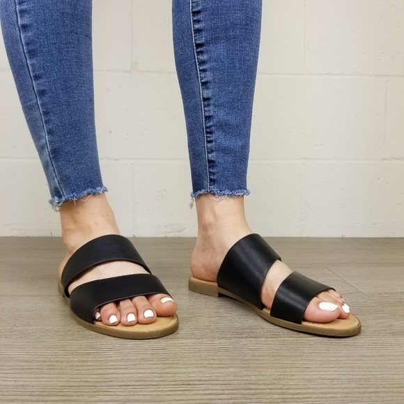 Black Vegan Leather Flat Comfort Sandals - Picture 6 of 7